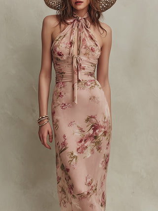 Lia - Elegant Floral Print Chiffon Maxi Dress with Keyhole Neckline