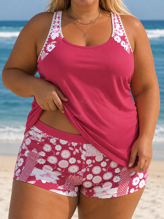 Nanet - Plus Size Printed Tankini Shorts Set
