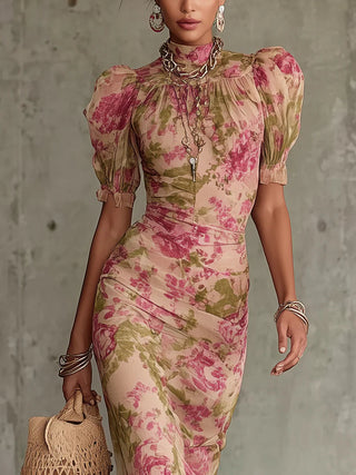 Fiora | Romantic Vintage Rose Puff Sleeve Maxi Dress