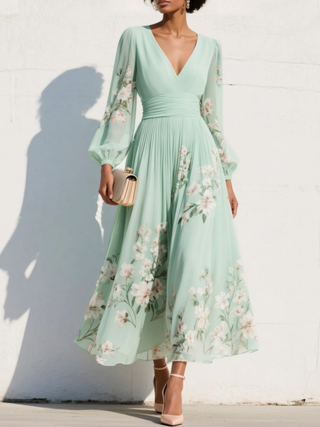 Maxi Pleated Chiffon Dress in Mint Green with Floral Print for Women